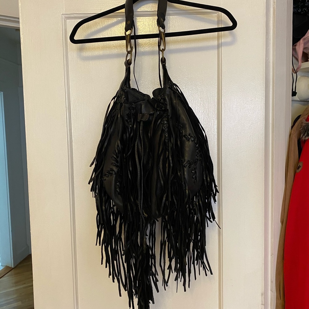 All Saints Black Leather Fringe Tote